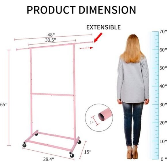 Double Rod Clothing Garment Rack, Metal Organizer with Lockable Wheels (Pink) - Picture 4 of 6